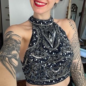 Navy blue and silver vintage beaded crop top